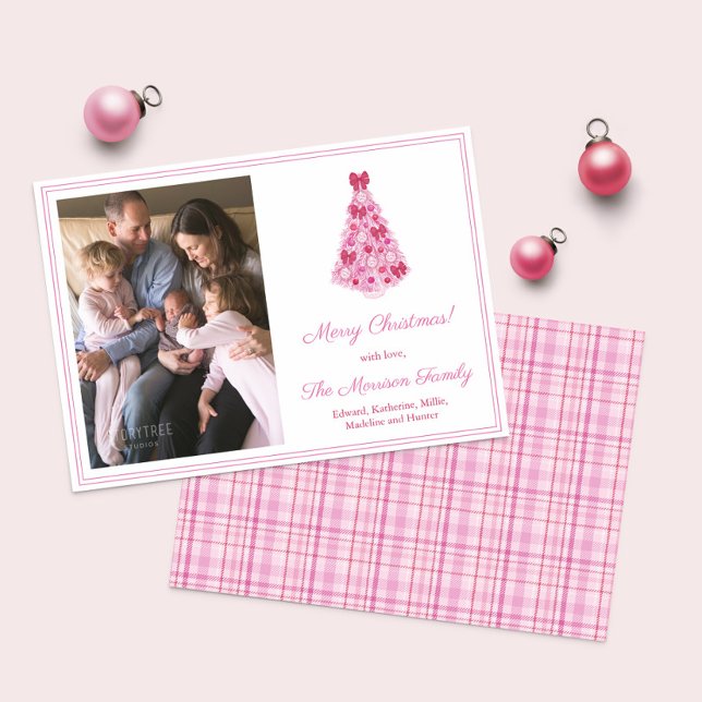 Colourful Pink And Red Christmas Tree Picture Holiday Card (Vibrant pink and red Christmas Tree photo Holidays cards with matching tartan plaid backer)