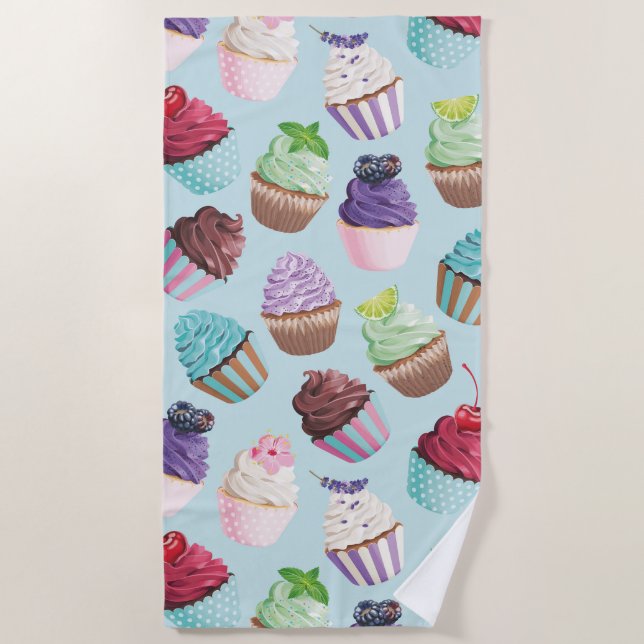 Colourful Pink and Teal Cupcakes Summer Pool Beach Towel (Front)