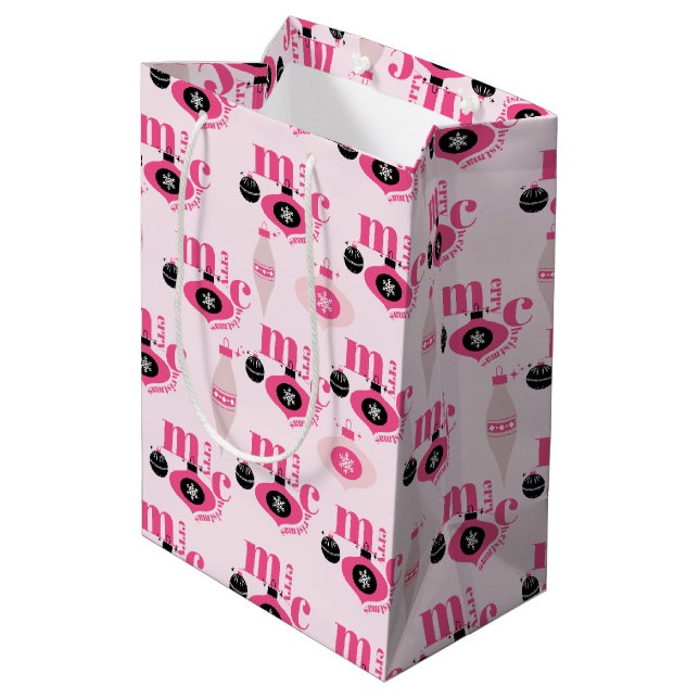 Colourful Pink And White Christmas Wrapping Paper Medium Gift Bag (Back Angled)