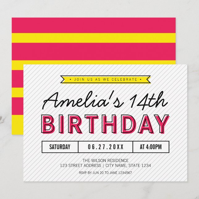 Colourful Pink and Yellow Any Age Modern Birthday Invitation (Front/Back)
