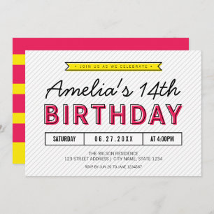 Colourful Pink and Yellow Any Age Modern Birthday Invitation