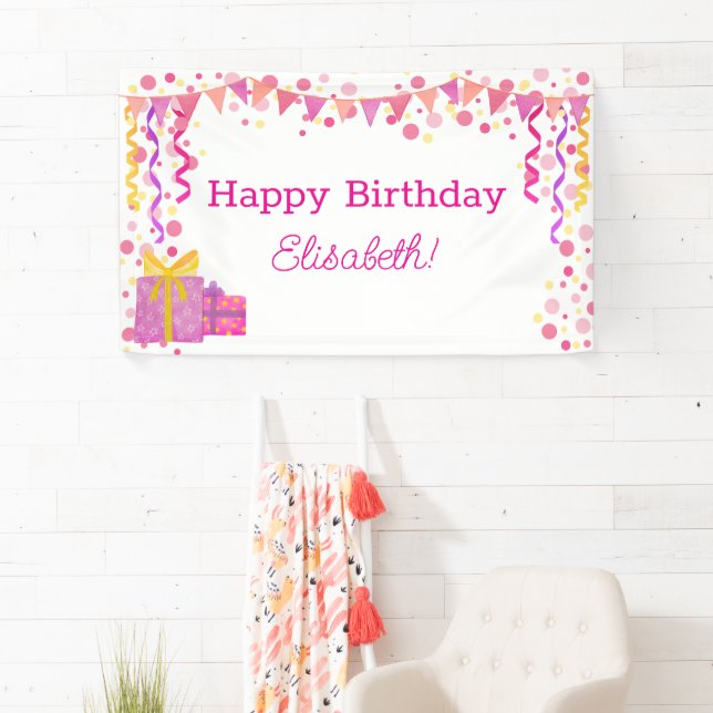 Colourful Pink and Yellow Girl Happy Birthday Kids Banner (Insitu)