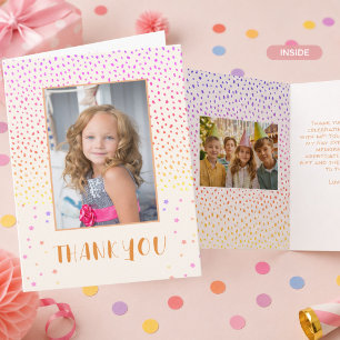 Colourful Pink Birthday Kids Girl 2 Photo Thank yo Card