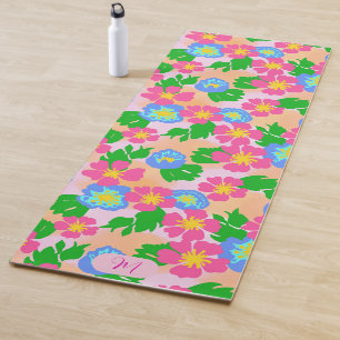 Colourful Pink Blue and Green Floral Yoga Mat