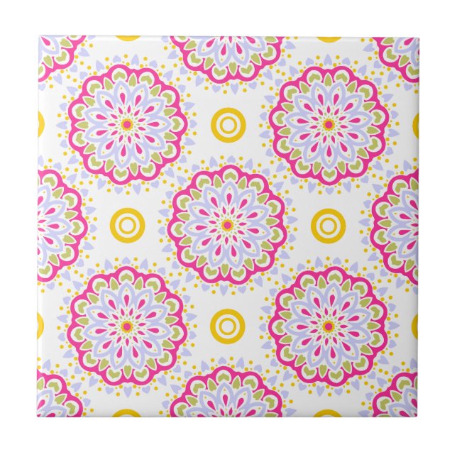 Colourful pink, blue and yellow mandala design tile (Front)