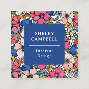 Colourful Pink Blue Coral Floral Pattern Square Business Card