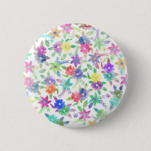 Colourful pink blue green watercolor flowers 6 cm round badge