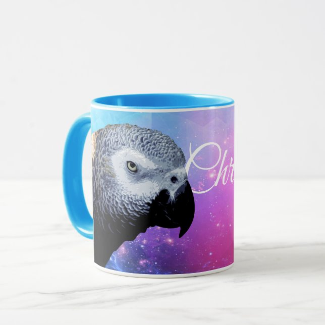 Colourful Pink & Blue Name With African Grey Parro Mug (Front Left)