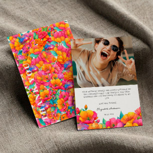 Colourful Pink Bright Floral Disco Ball Birthday Thank You Card