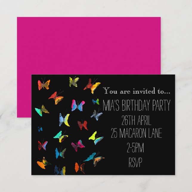 Colourful pink butterfly girl's birthday party inv invitation (Front/Back)