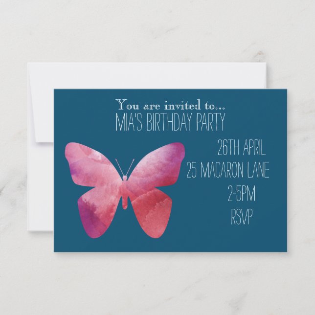 Colourful pink butterfly girl's birthday party invitation (Front)