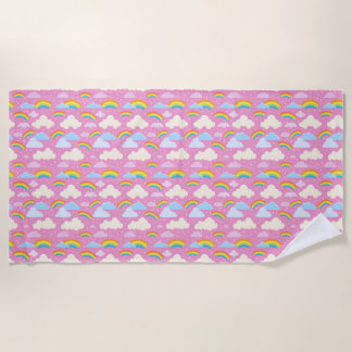 Colourful Pink Clouds and Rainbows Beach Towel