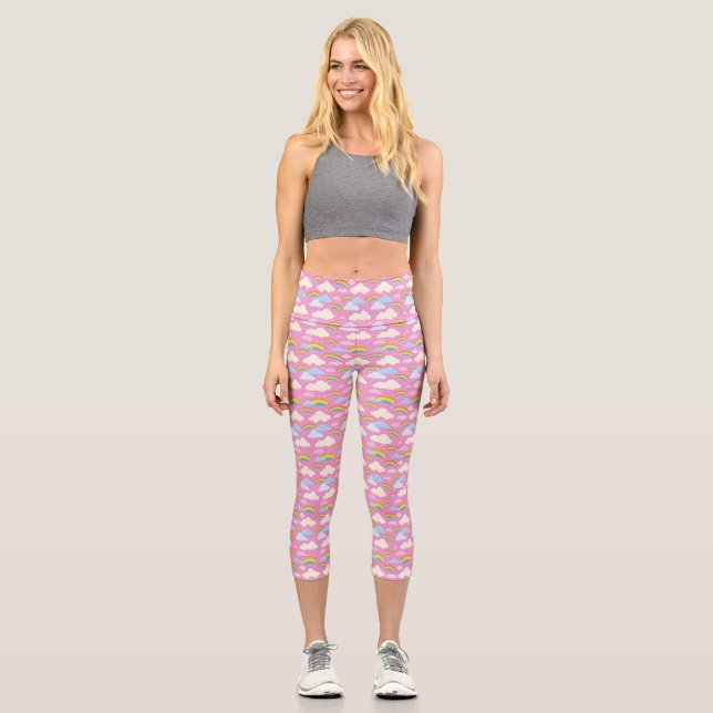 Colourful Pink Clouds and Rainbows Capri Leggings (Front)