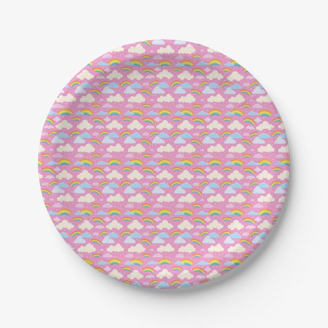 Colourful Pink Clouds and Rainbows Paper Plate (Front)
