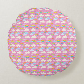 Colourful Pink Clouds and Rainbows Round Cushion