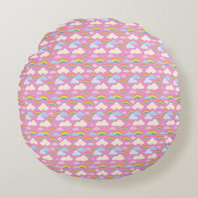 Colourful Pink Clouds and Rainbows Round Cushion (Front)