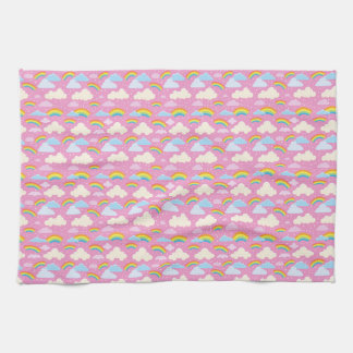 Colourful Pink Clouds and Rainbows Tea Towel