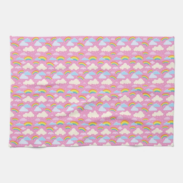 Colourful Pink Clouds and Rainbows Tea Towel (Horizontal)