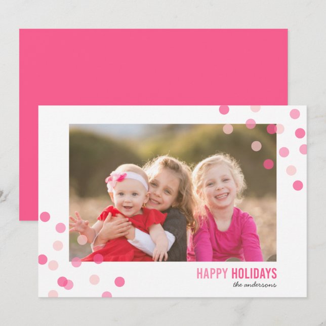 Colourful Pink Confetti Photo Happy Holidays Card (Front/Back)