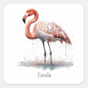 Colourful Pink Flamingo, customisable Square Sticker