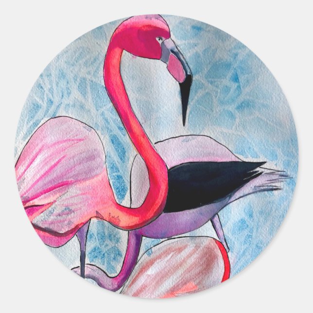 Colourful pink flamingo watercolor art classic round sticker (Front)
