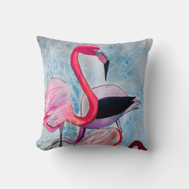 Colourful pink flamingo watercolor art cushion (Front)