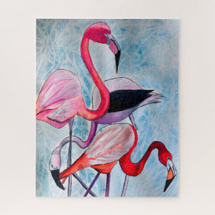 Colourful pink flamingo watercolor art jigsaw puzzle