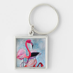 Colourful pink flamingo watercolor art key ring