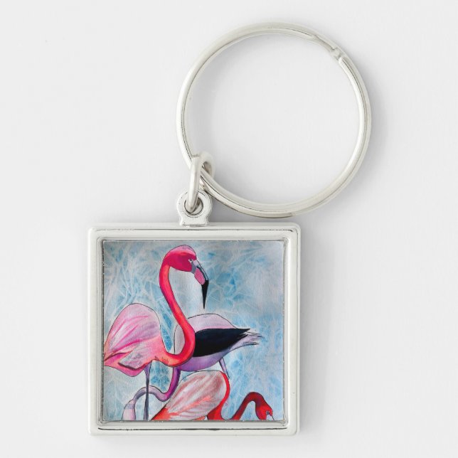 Colourful pink flamingo watercolor art key ring (Front)
