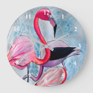 Colourful pink flamingo watercolor art large clock