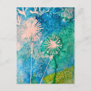 Colourful pink flamingo watercolor art postcard