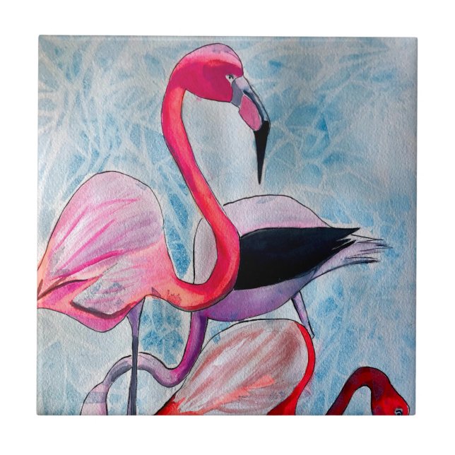 Colourful pink flamingo watercolor art tile (Front)