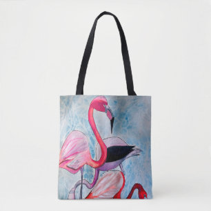 Colourful pink flamingo watercolor art tote bag