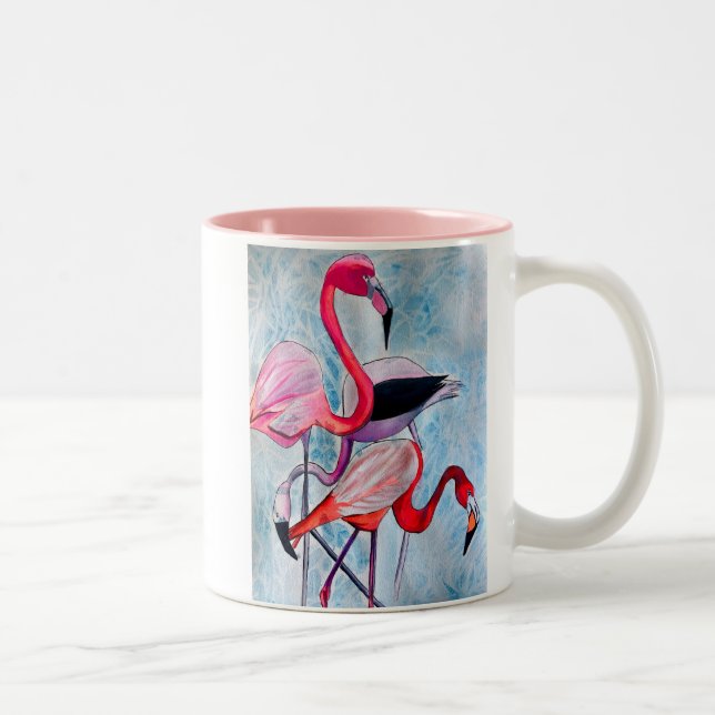 Colourful pink flamingo watercolor art Two-Tone coffee mug (Right)
