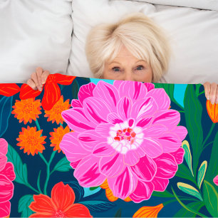 Colourful Pink floral hand painted throw  Fleece Blanket