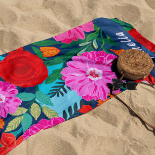 Colourful Pink floral Personalised Vacations Beach Towel