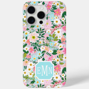 Colourful Pink Flower Garden Monogrammed iPhone 15 Pro Max Case
