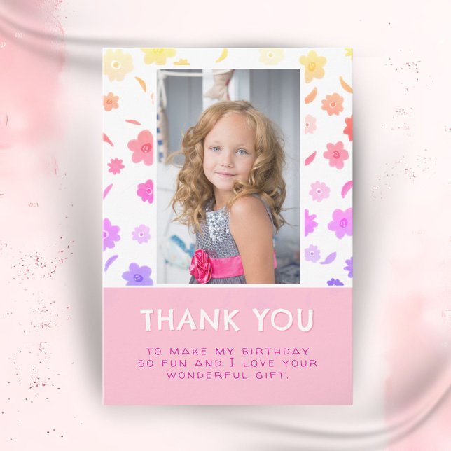 Colourful Pink Flowers Birthday Kids Girl Photo Thank You Card (Creator Uploaded)