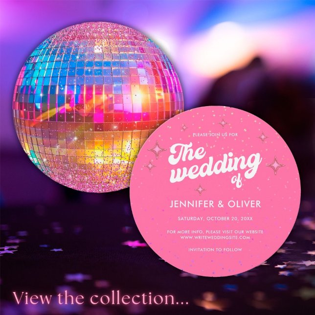 Colourful Pink Glitter Disco Ball Groovy Wedding Invitation (Front / Back)