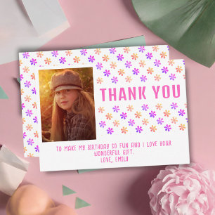 Colourful Pink Glitter Flowers Birthday Girl Photo Thank You Card