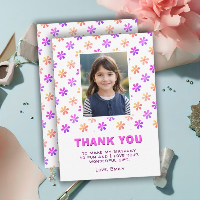 Colourful Pink Glitter Flowers Birthday Girl Photo Thank You Card (Creator Uploaded)
