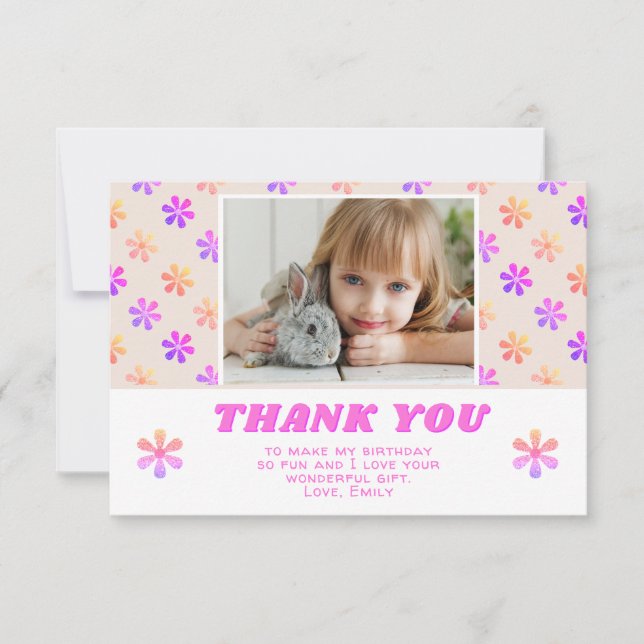 Colourful Pink Glitter Flowers Birthday Girl Photo Thank You Card (Front)