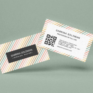 Colourful  Pink Green Stripes Pastel Colours QR CO Business Card