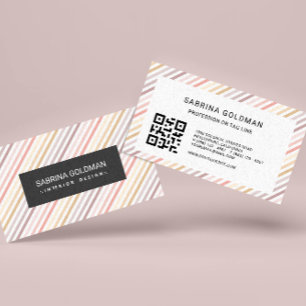 Colourful Pink Grey Stripes Pastel Colours QR CODE Business Card