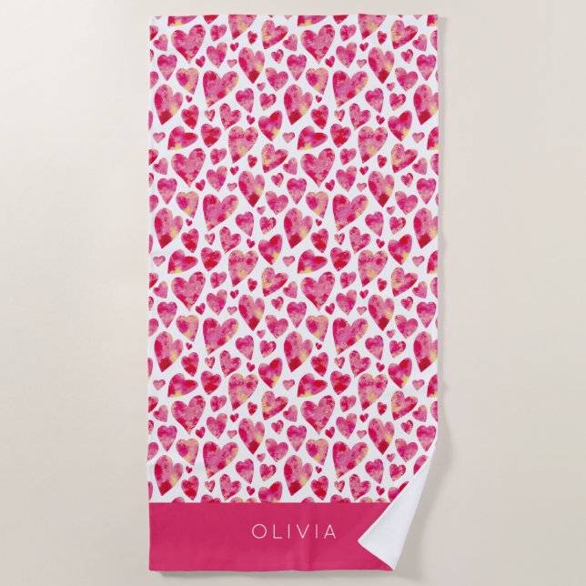 Colourful Pink Heart Pattern Personalised Beach Towel (Front)