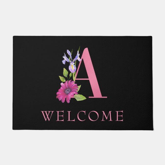 Colourful Pink  Monogram A with Beautiful Flowers Doormat (Front)