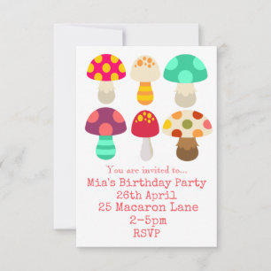 Colourful pink mushrooms girl's birthday party  in invitation