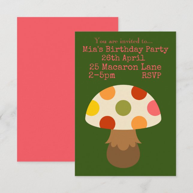 Colourful pink mushrooms girl's birthday party  in invitation (Front/Back)