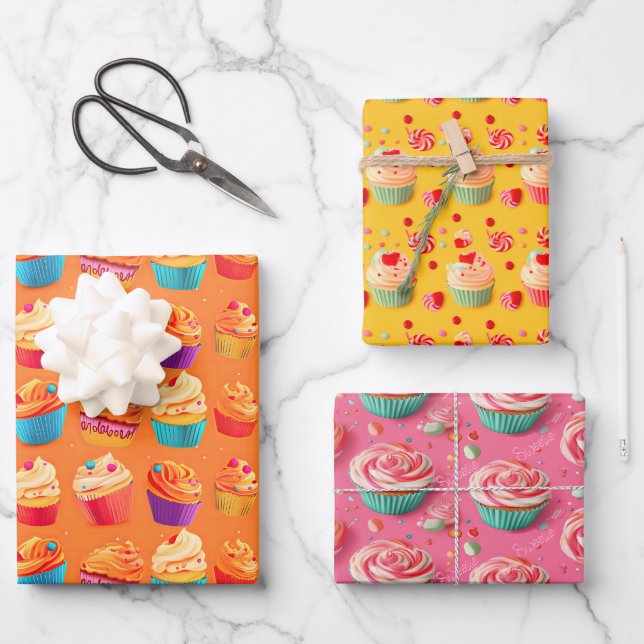 Colourful Pink, Orange and Yellow Birthday Cupcake Wrapping Paper Sheet (Front)