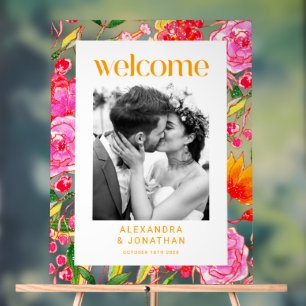 Colourful Pink Orange Floral Wedding Welcome Photo Acrylic Sign